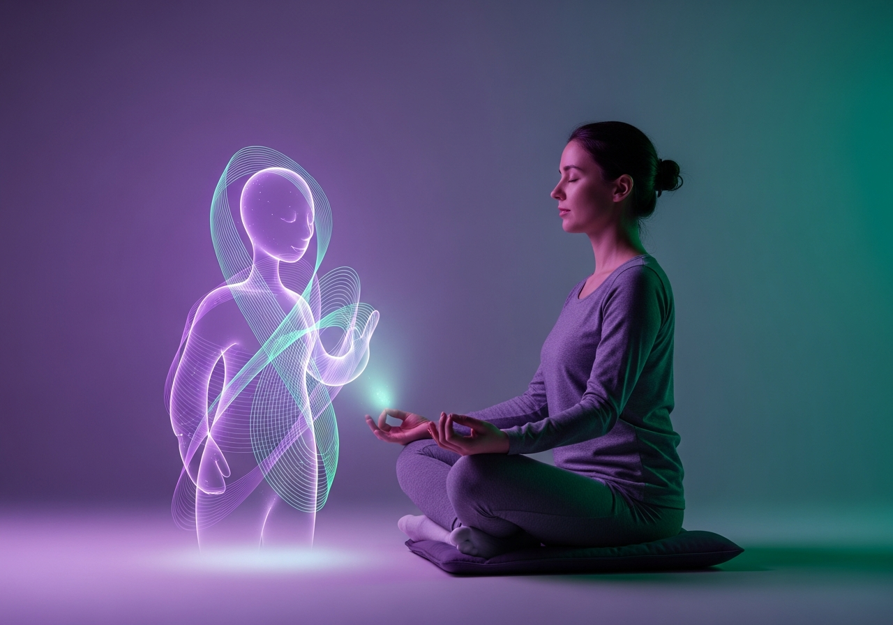 AI companion for mental wellness — person meditating with AI hologram
